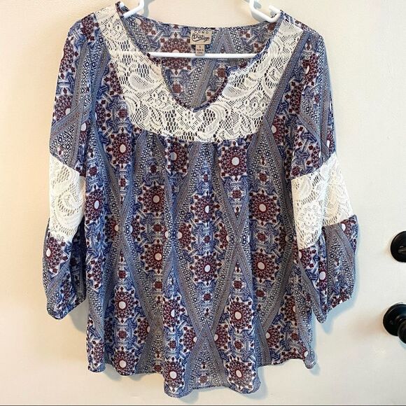 Como Vintage Women's Top Small Crochet Lace Semi Sheer 3/4 Sleeve Boho Flowy - Picture 7 of 7